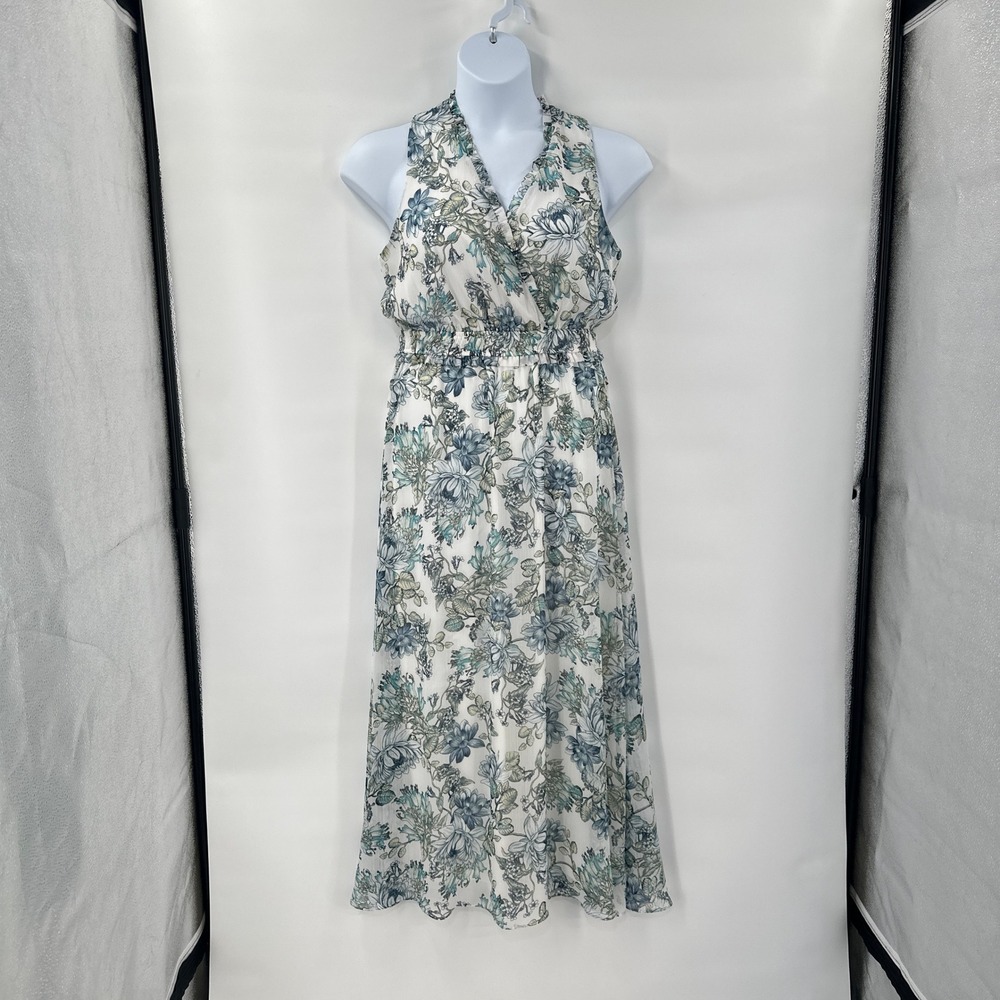 London Times Maxi Dress Size 8 Floral Sleeveless Halter White Blue Garden Party